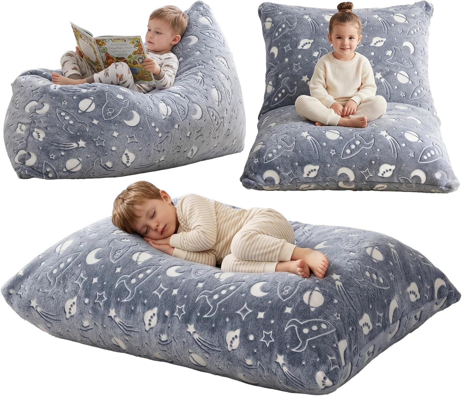 BRINJOY Kids Bean Bag Chair Bed, 3 in 1 Memory Foam Filled Bean Bag Sofa with Removable Cover for Playroom Daycare Bedroom, Toddlers Lazy Floor Mattress Lounger for Boys Girls, Spaceship