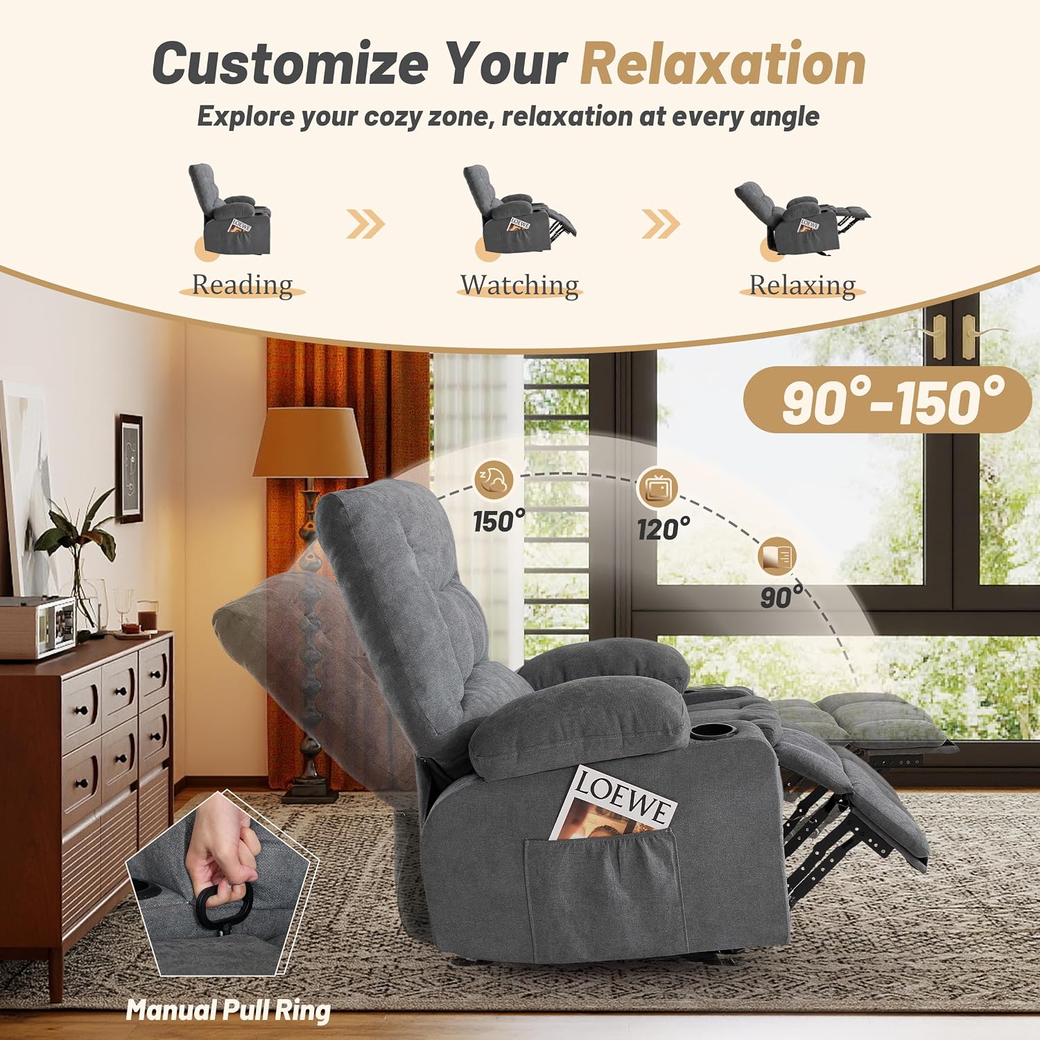 Rocker Recliner Chair with Massage and Heat, Nursery Rocking Chairs for Living Room, Ergonomic Comfy Relining Chair with Cup Holders, USB Charge Port, Side Pockets, Comfortable Arms, Single Sofa, Grey