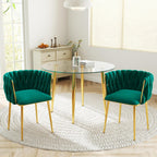 Gold Glass Round Dining Set for 2, 36'' Modern Minimalist Luxury Circle Dinner Room Set, 3 Piece Clear Glass Circular Kitchen Table with Green Woven Chair Set, for Small Apartment Home