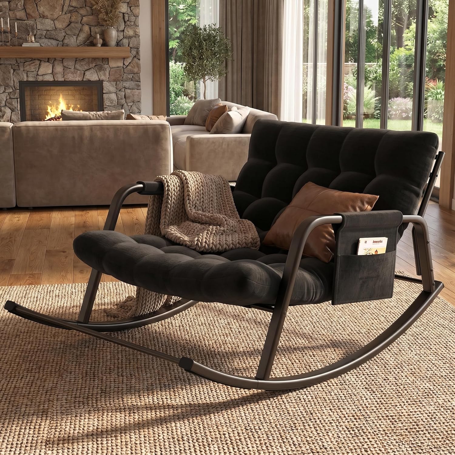 lavimiya Double Papasan Rocking Chair with Cushion, Patio Loveseat Rocker | Black, Thick tufted padding, 400 lbs capacity, side storage pocket, ideal for living room, porch, and garden