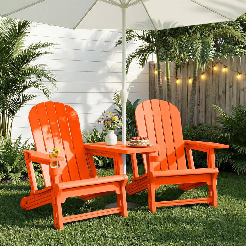 JY QAQA Outdoor Adirondack Chair Set of 2, All-Weather HDPE Patio Furniture with Detachable Table, Wood Texture & Cup Holder for Patio, Poolside, Garden, Orange