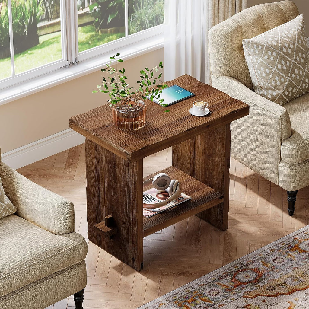 Solid Wood Side Table, 2-Tier End Table with Solid Base, Accent Furniture Bedside Nightstand Storage for Living Room and Bedroom, Small Spaces, Assembly Required