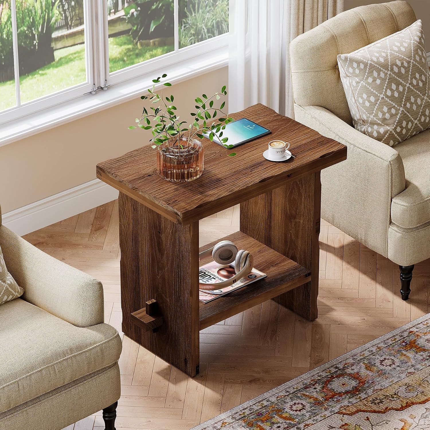 Solid Wood Side Table, 2-Tier End Table with Solid Base, Accent Furniture Bedside Nightstand Storage for Living Room and Bedroom, Small Spaces, Assembly Required