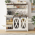 47"Wide 56"H Farmhouse Coffee Bar Cabinet with Power Outlet and LED Light,Wine Bar Cabinet w/3 Storage Hutch,Kitchen Buffet Cabinet with 10 Wine and Glass Racks for Kitchen Dining Room(Antique White)