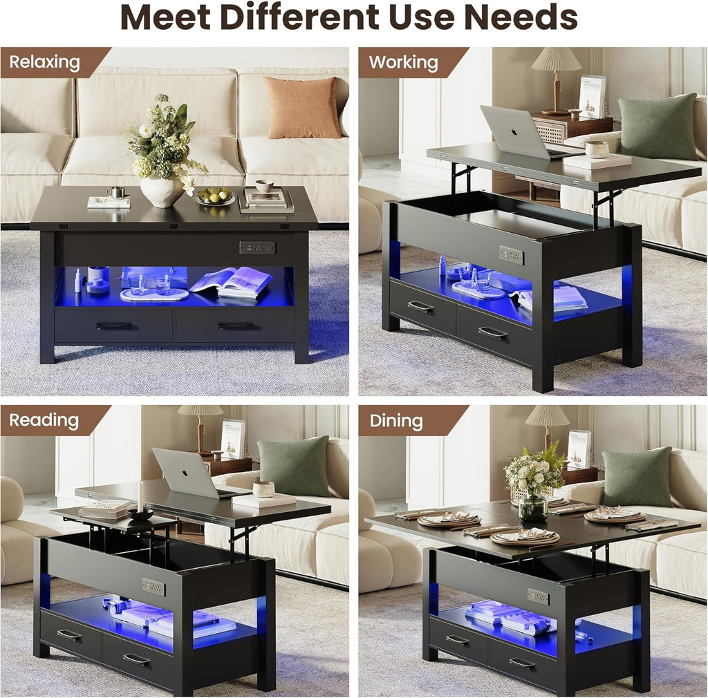MALOL 40" Smart Lift Top Coffee Table for Living Room, 4 in 1 Multi-Function Modern Coffee Tables with Storage Drawers, LED Light and Charging Station, Farmhouse Wood Coffee Table, Black
