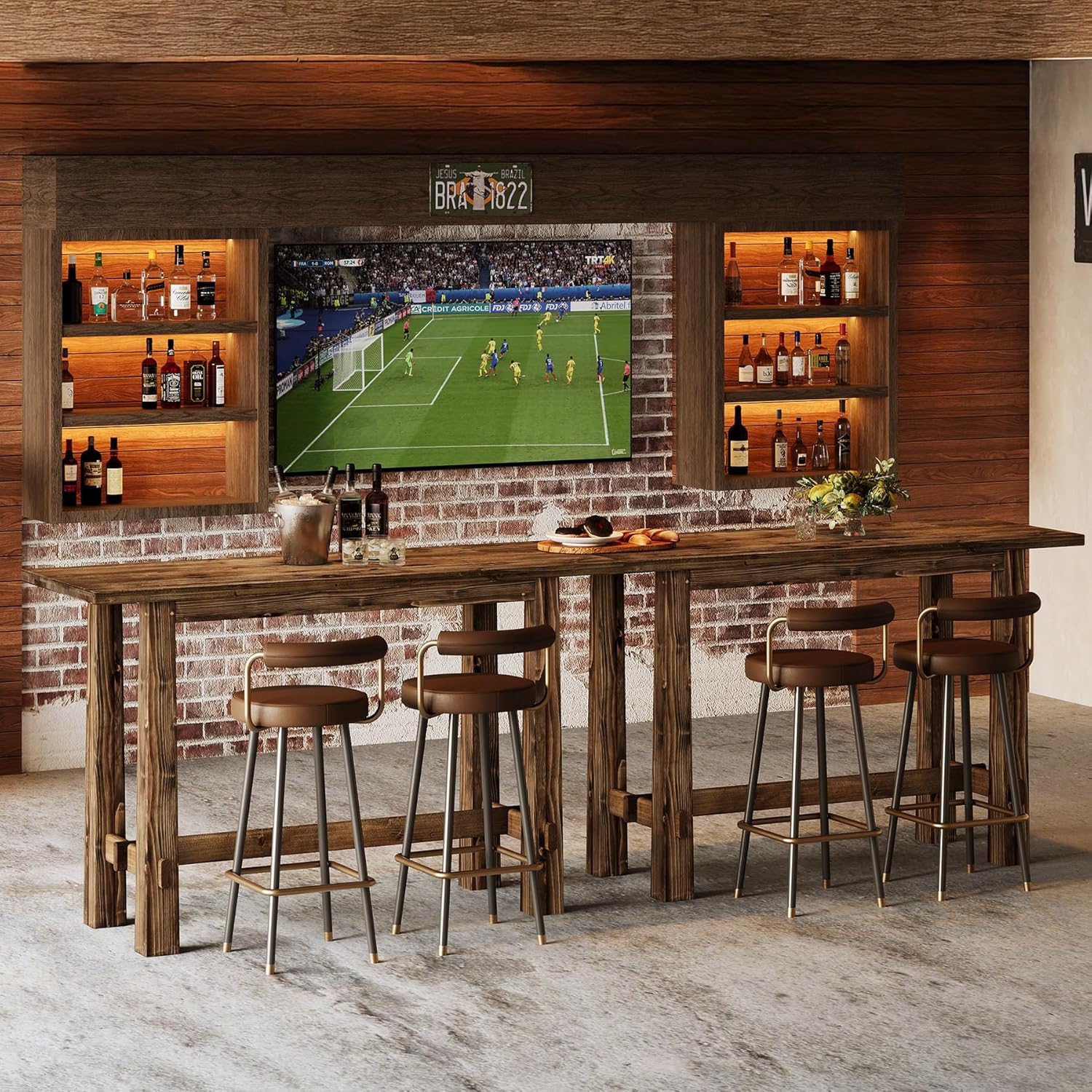 Solid Wood Bar Table, 63" Long Bar Height Pub Table, Narrow Home Bar Unit, Tall Wooden High Top Table for Kitchen, Home Bar, Café or Restaurant, Rustic Brown