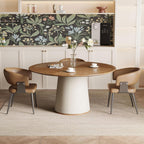 Round Faux Leather Base Dining Table for 4-6 People, Modern Wood Kitchen Table with Solid Veneer Top, Walnut, 59.05" (59.1 inches (Diameter) x 29.8 inches (Height))