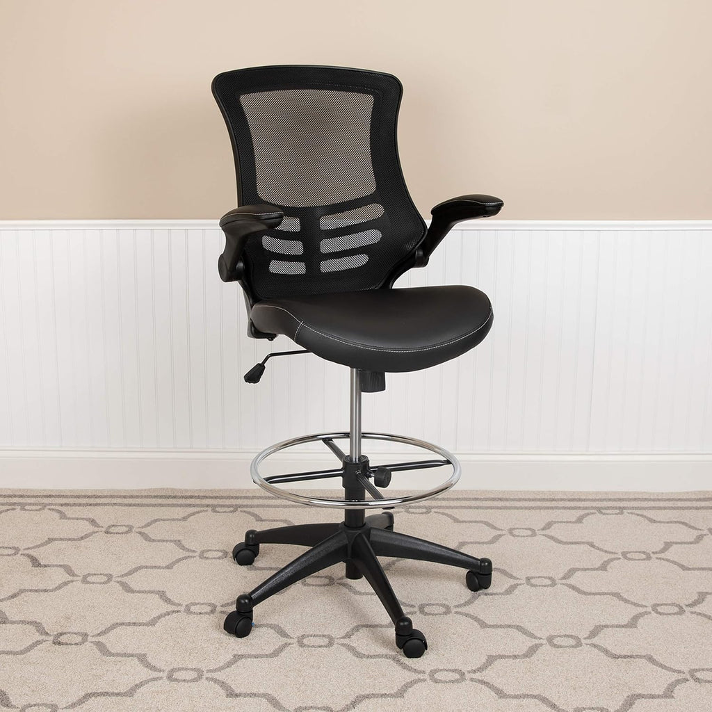 EMMA + OLIVER Mid-Back Black Mesh/LeatherSoft Ergonomic Drafting Chair with Flip-Up Arms