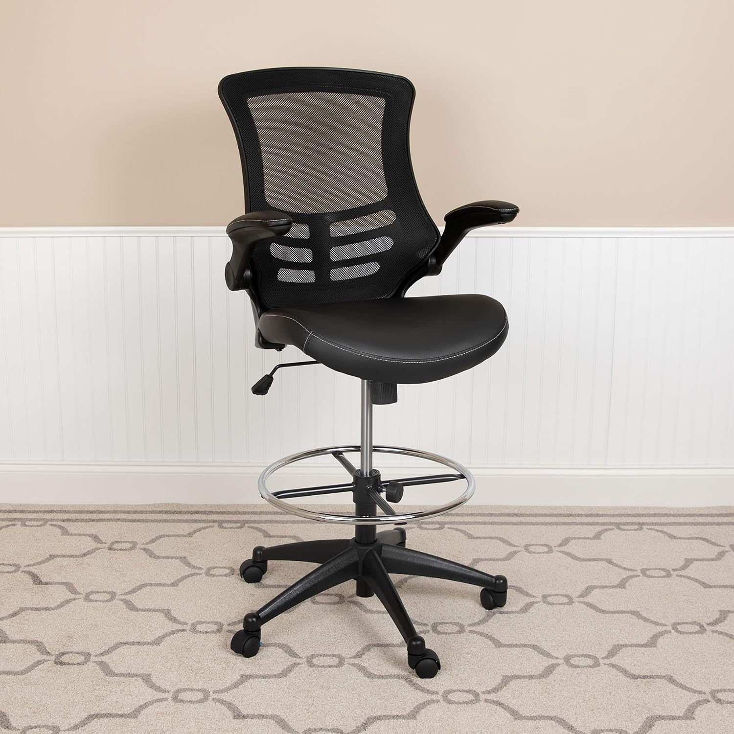 EMMA + OLIVER Mid-Back Black Mesh/LeatherSoft Ergonomic Drafting Chair with Flip-Up Arms