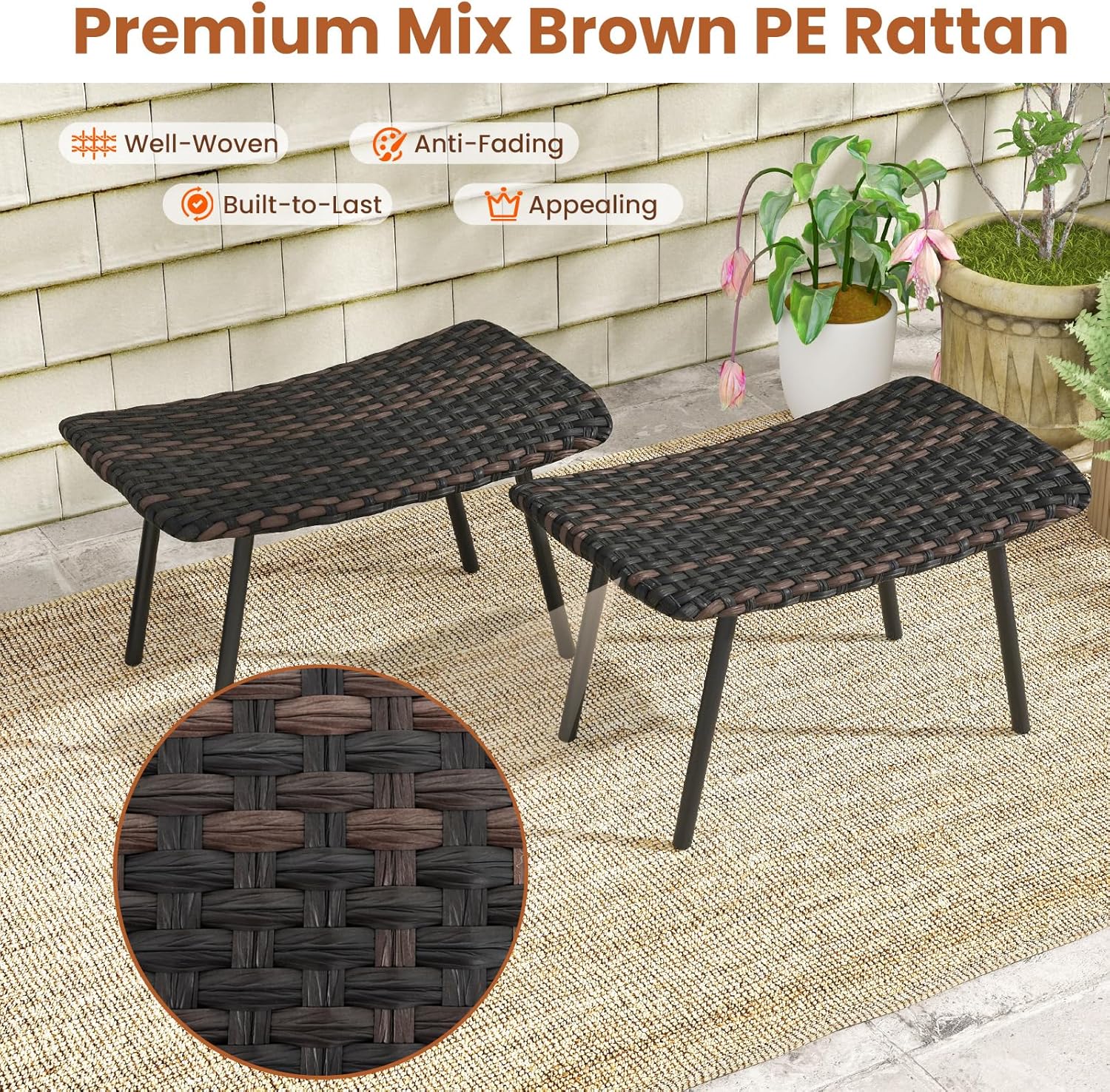 Tangkula Set of 2 Patio Ottomans, Multipurpose Rattan Ottomans w/Padded Quick Dry Foam & Heavy-Duty Metal Legs, Outdoor Wicker Footrest Extra Seating for Poolside, Backyard All Weather Resistant