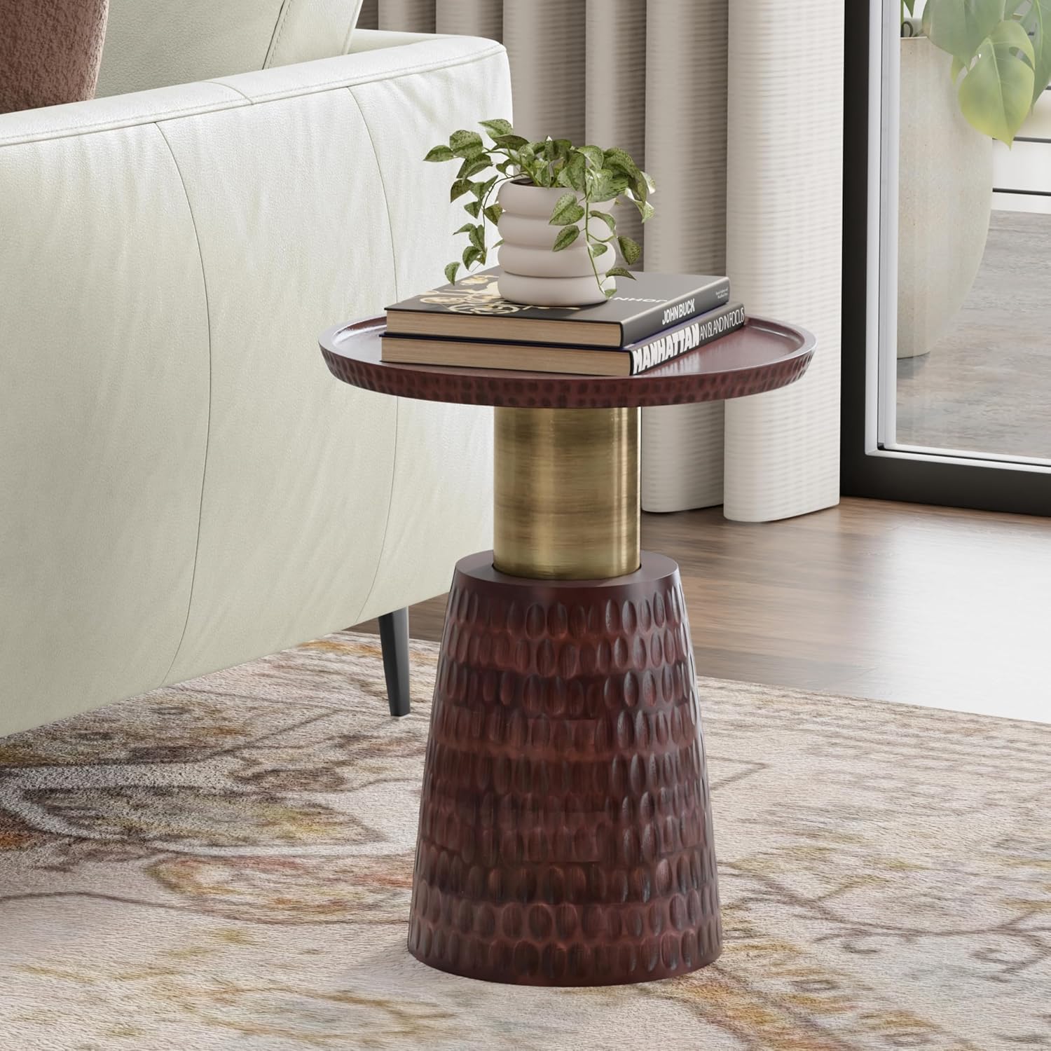 SIMPLIHOME Breanna End Table - 16 inch Wide Solid Mango Wood and Metal Round Accent Table with Textured Base in Walnut Brown and Antique Gold, Contemporary Nightstand for Living Room or Bedroom