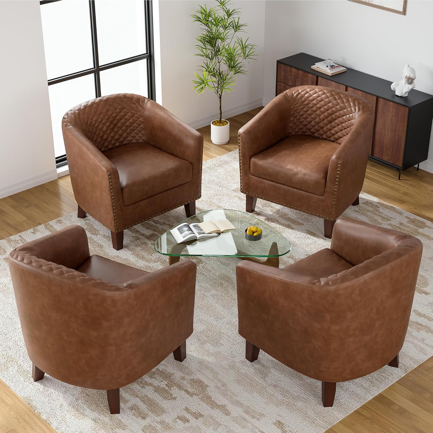 PU Leather Barrel Accent Chairs Set of 2, Modern Upholstered Armchair Round Club Chair for Living Room, Comfy Nailed Trim Arm Chair Bedroom Side Reading Seat - Brown