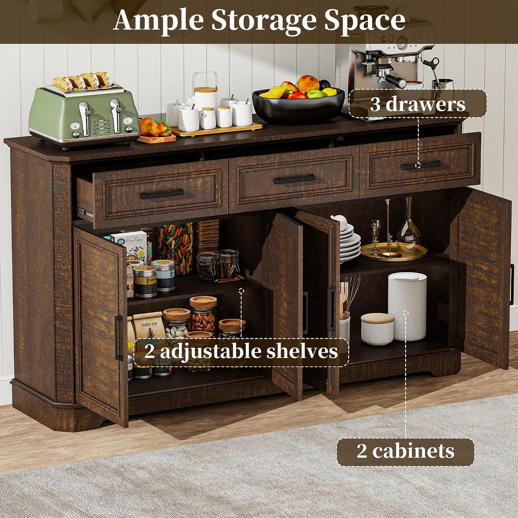 Farmhouse Buffet Sideboard with Storage, 64" Wood Credenza with 3 Drawers & 4 Doors, Walnut Cabinet for Kitchen, Entryway, Coffee Bar