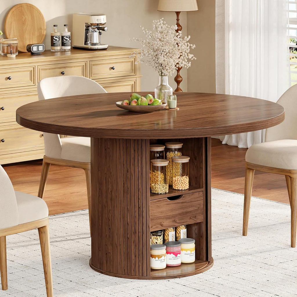 47 Inch Round Dining Table for 4-6, Farmhouse Kitchen Table with 2-Layer Storage Shelf & Drawer and Sliding Door, Sturdy Wooden Dining Table with Fluted Pedestal Base for Kitchen, Living Room, Walnut