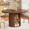 47 Inch Round Dining Table for 4-6, Farmhouse Kitchen Table with 2-Layer Storage Shelf & Drawer and Sliding Door, Sturdy Wooden Dining Table with Fluted Pedestal Base for Kitchen, Living Room, Walnut