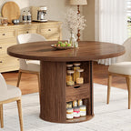 47 Inch Round Dining Table for 4-6, Farmhouse Kitchen Table with 2-Layer Storage Shelf & Drawer and Sliding Door, Sturdy Wooden Dining Table with Fluted Pedestal Base for Kitchen, Living Room, Walnut