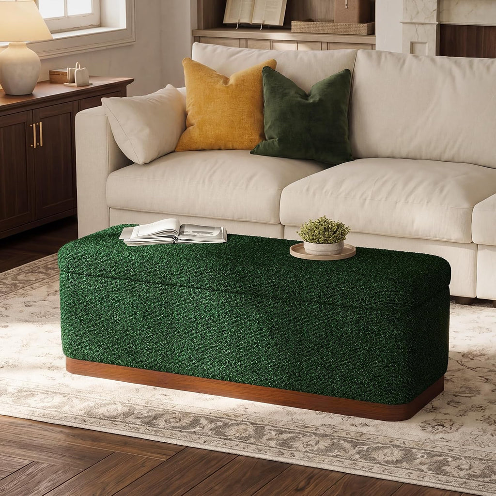 46'' Storage Bench for Bedroom, Modern Storage Ottoman Bench with Walnut Grain Base, Upholstered Bench with 27 Gallons Storage Space for Bedroom End of Bed, Entryway, Living Room, Green