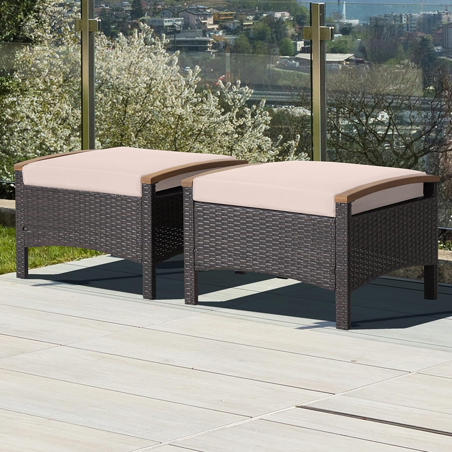 HAPPYGRILL Set of 2 Outdoor Patio Ottoman PE Rattan Wicker Ottomans with Removable Cushions and Solid Acacia Wood Handle Outdoor Footstool Footrest Set Seats and Side Table Set