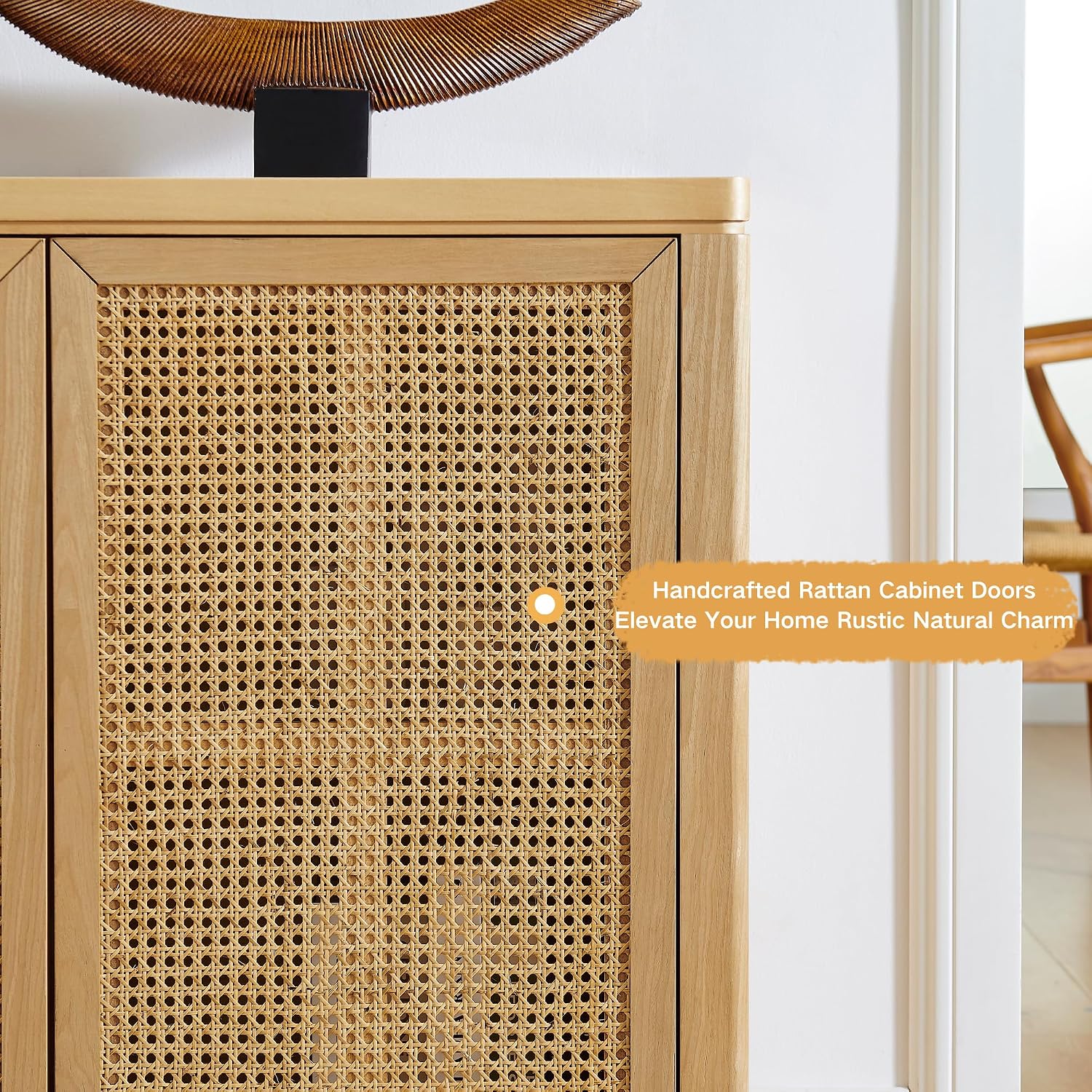 LKTART Small Sideboard Buffet Cabinet,Thin Kitchen Storage Cabinet with 2 Rattan Doors,Boho Wooden Console Table for Living Room,Entryway(39.4" Natural)