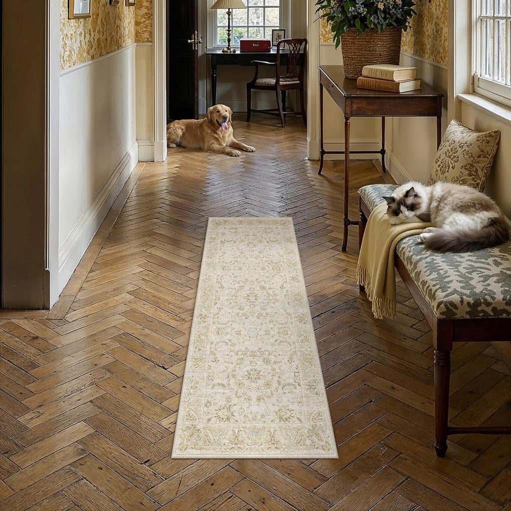 2x6 Washable Runner Rug for Hallway Kitchen Beige Low Pile Non Slip Runner Neutral Distressed Carpet Bathroom Front Door Beside Bed Home Decor