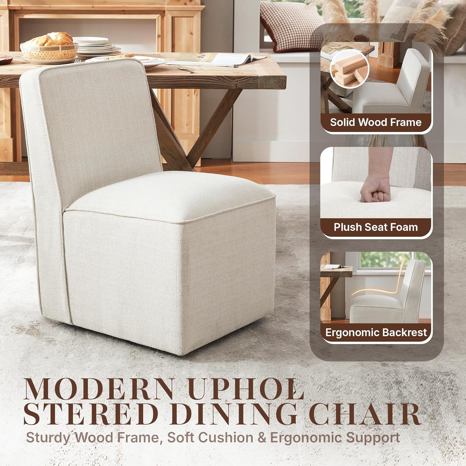 Upholstered Dining Chair with Casters Set of 4, Armless Modern Rolling Chenille Dining Chairs with Wheels for Dining Room Bedroom Reading Room Living Room