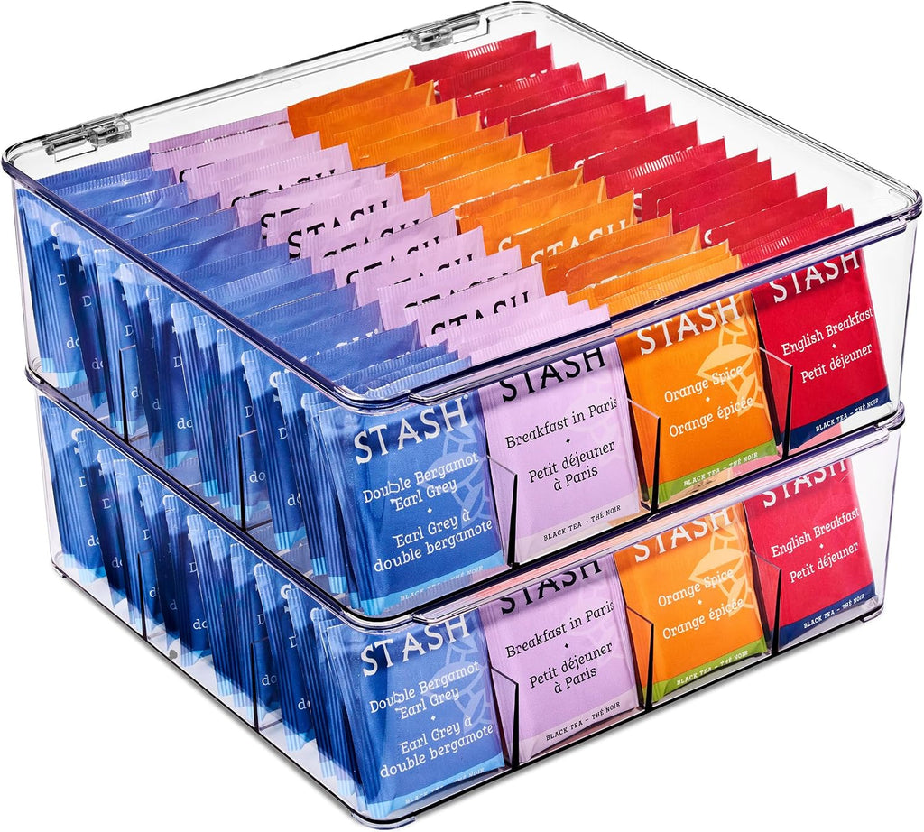 Sorbus Tea Bag Organizer, Stackable Tea Bag Storage Organizer with 12 Compartments and Hinged Lid, Plastic Tea Bags Holder for Kitchen Organizers