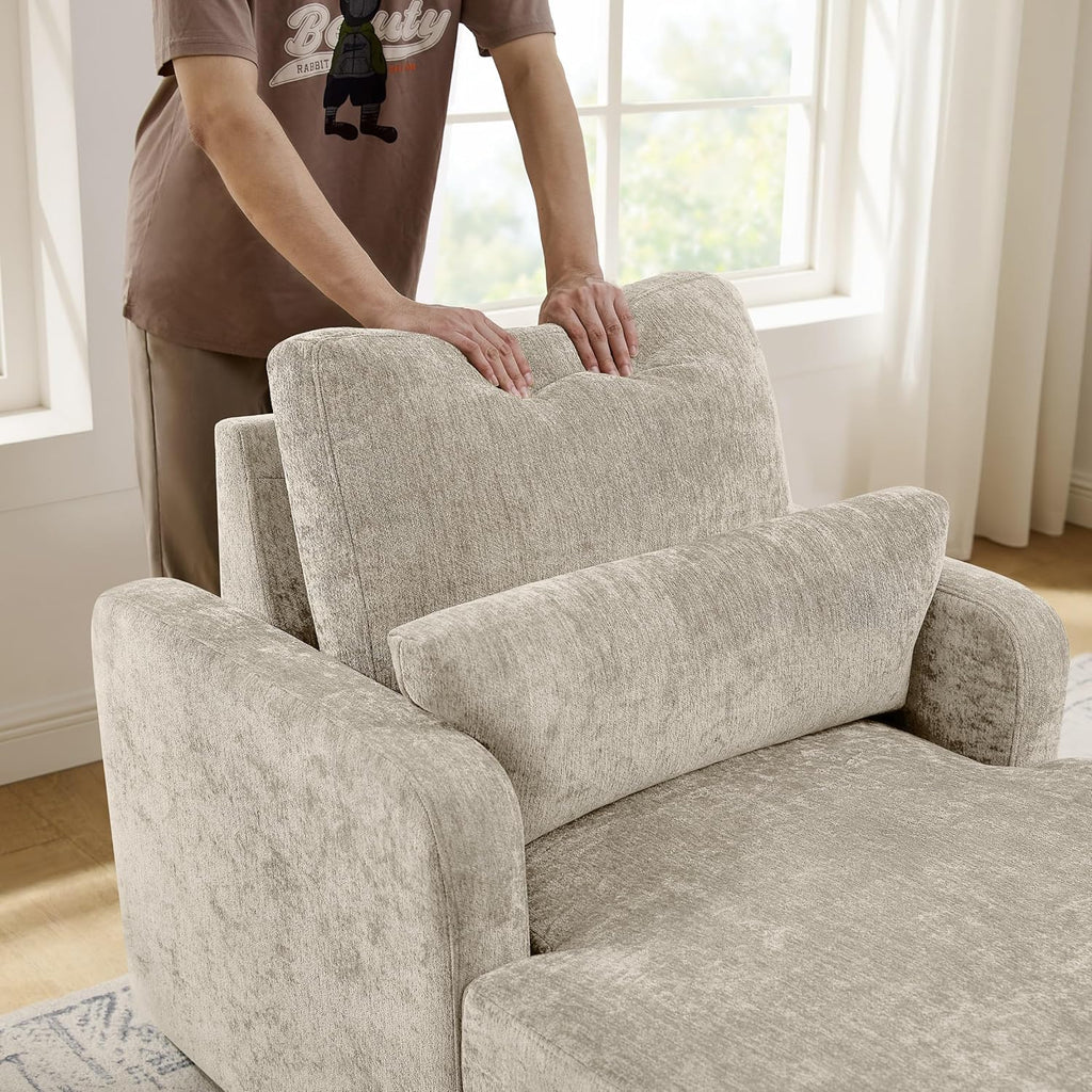 57.9" Oversized Chaise Lounge Chair Indoor, Chenille Reading Chair with Adjustable Backrest & Storage, Upholstered Comfy Sleeper Chair with 2 Pillows, Sofa Bed for Living Room, Bedroom, Camel