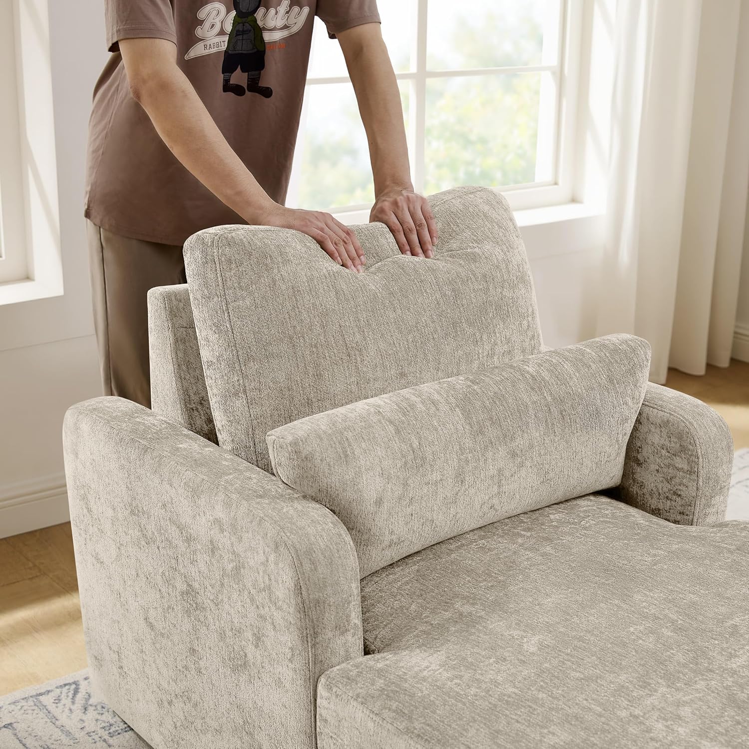 57.9" Oversized Chaise Lounge Chair Indoor, Chenille Reading Chair with Adjustable Backrest & Storage, Upholstered Comfy Sleeper Chair with 2 Pillows, Sofa Bed for Living Room, Bedroom, Camel