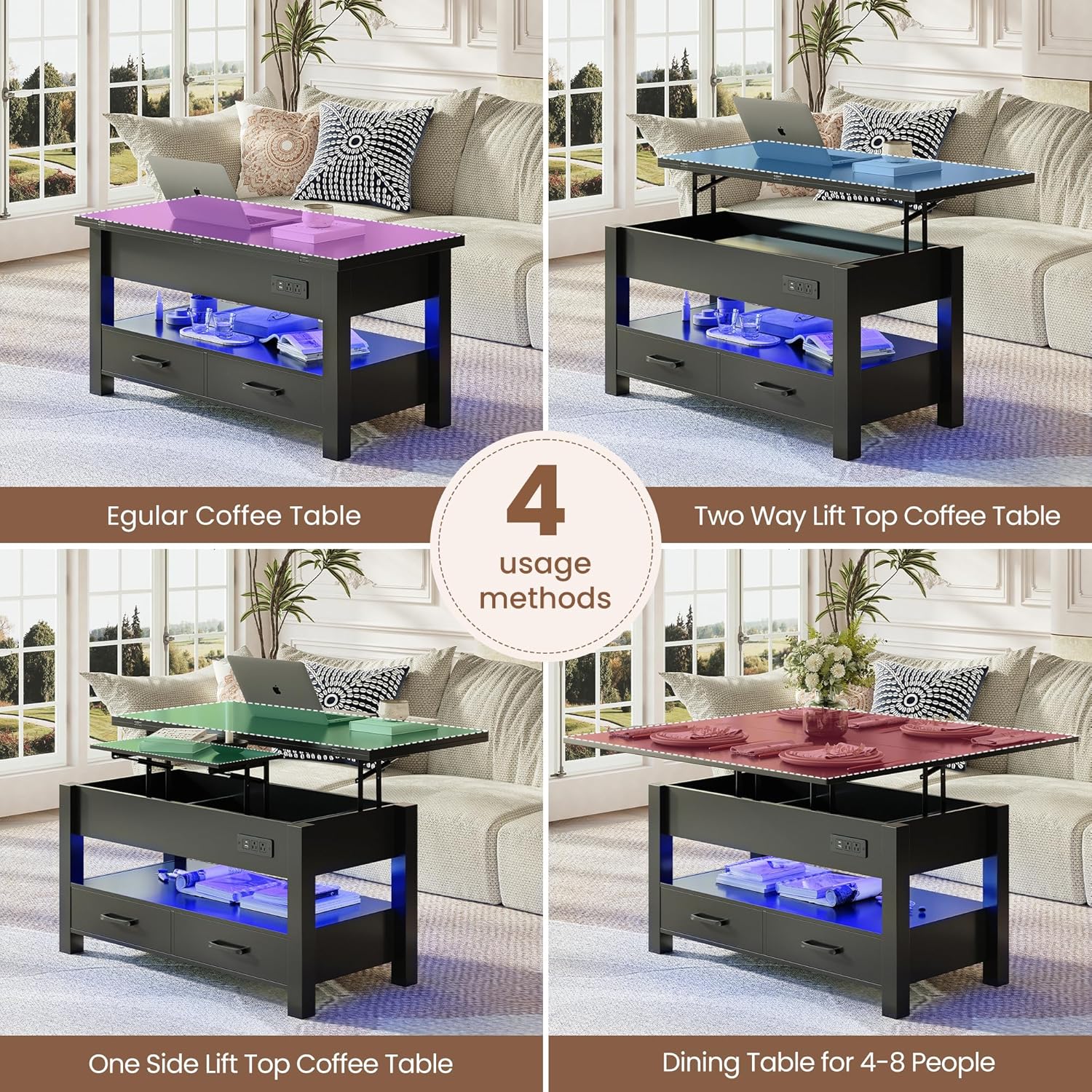 MALOL 40" Smart Lift Top Coffee Table for Living Room, 4 in 1 Multi-Function Modern Coffee Tables with Storage Drawers, LED Light and Charging Station, Farmhouse Wood Coffee Table, Black