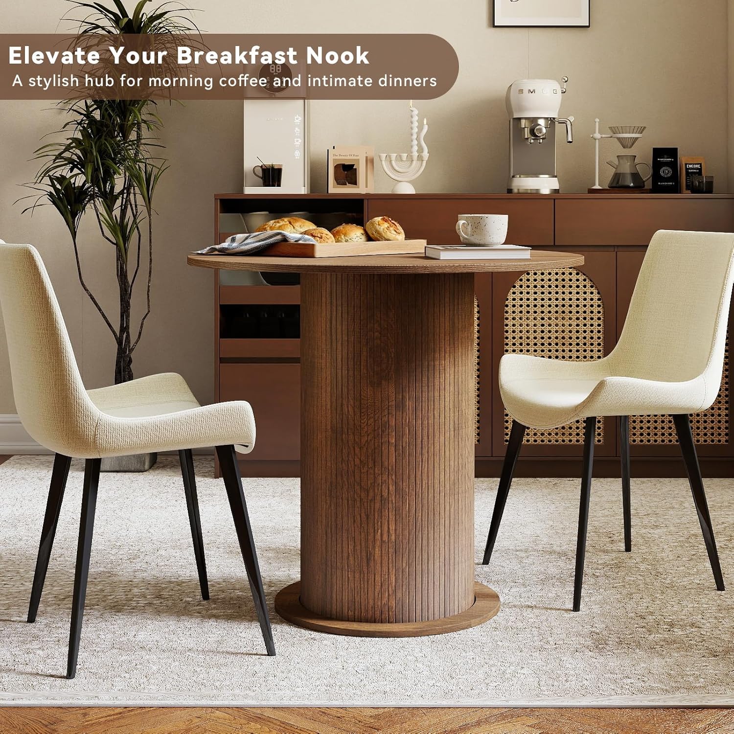 31.5 Inch Round Dining Table with Hidden Storage, Modern Fluted Pedestal Kitchen Table for Small Spaces, Circular Breakfast Nook Table with 2-Layer Shelves for Apartment Studio, Brown