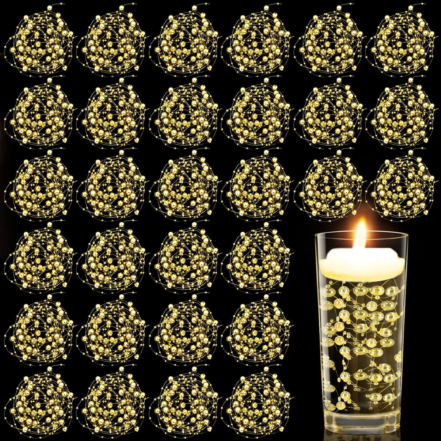 Billbotk 30 Pieces Floating Pearls Beads String for Floating Candles, Gold Vase Fillers for Centerpieces Faux Pearls Beads String for Wedding Celebration Party Decor