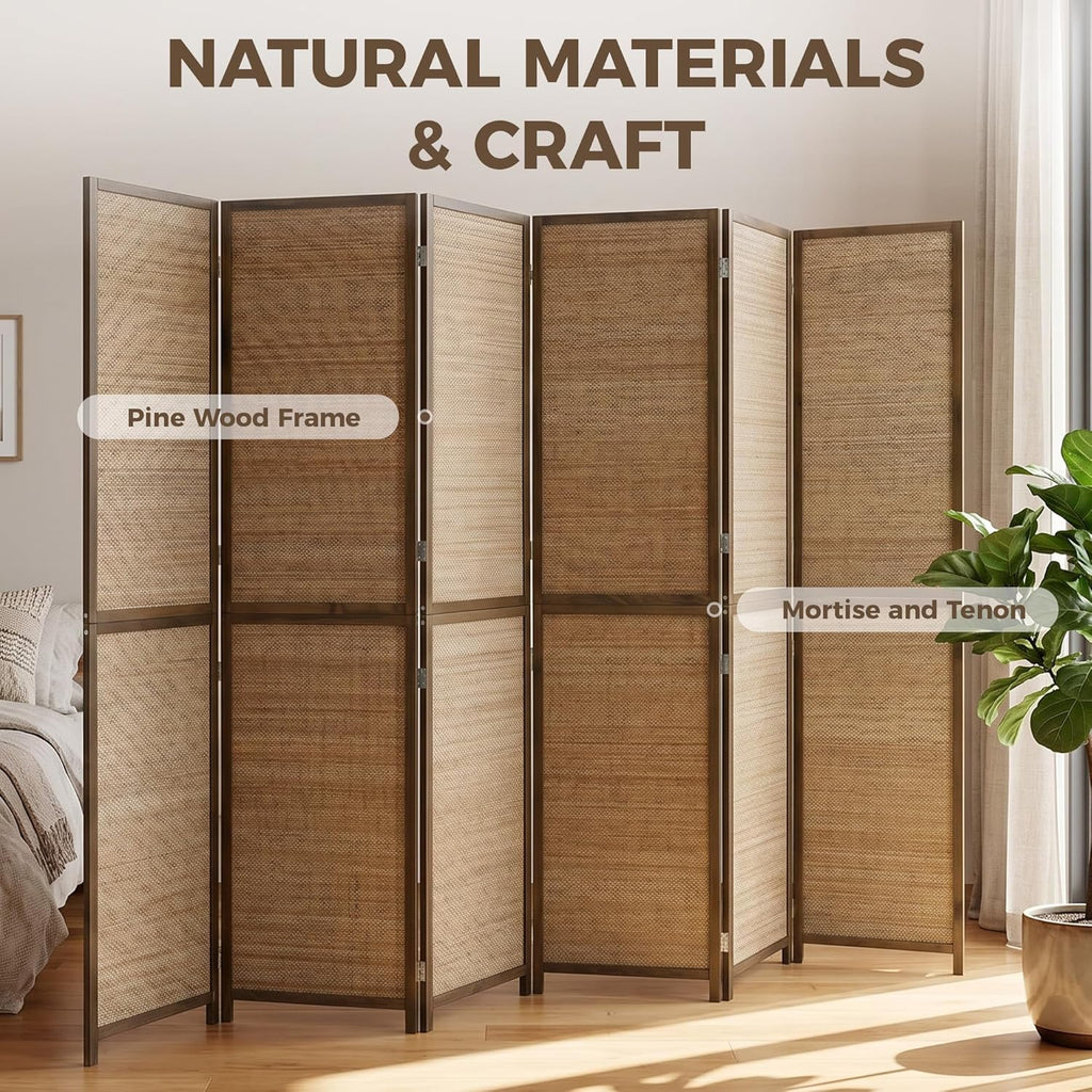 HOMCOM Room Divider, 6 FT Tall Folding Privacy Screen, 6 Panel Hand-Woven Bamboo Wall Partition for Room Separation, Portable Boho Freestanding Wall Divider for Bedroom, Home Office, Brown