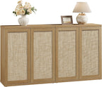 SICOTAS Rattan Sideboard Buffet Console Cabinet - 2 Pieces Boho Coffee Bar Cabinet with Storage & Adjustable Shelves, Farmhouse Credenza Stand for Living Room, Hallway, Kitchen, Oak