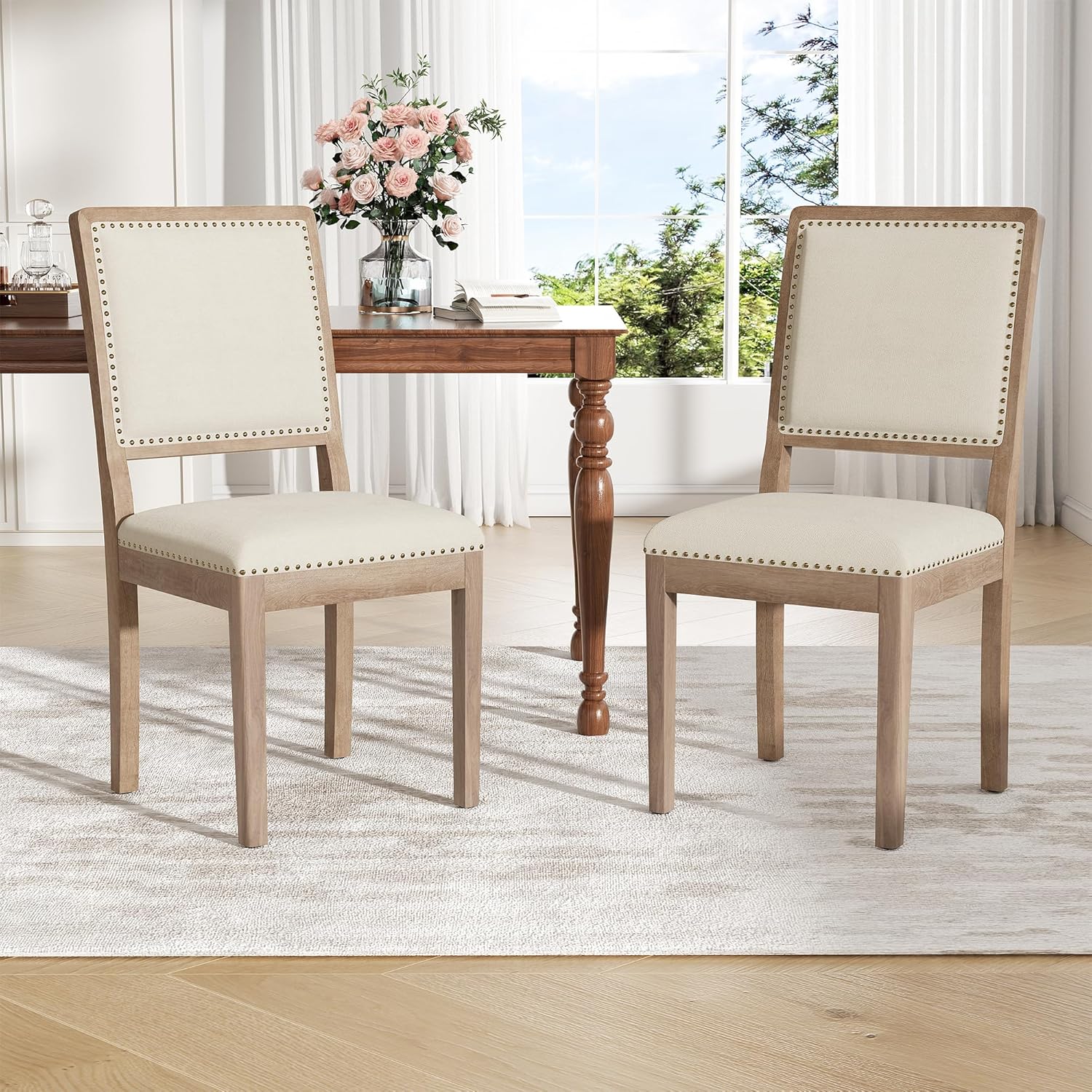 Dining Chair Set of 6, Mid Century Modern Upholstered Dining Room Chairs, Fabric High Back Kitchen Chairs with Nailhead Trim and Wood Legs for Living Room Kitchen Restaurant, Beige
