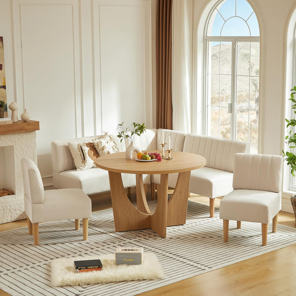 Round Dining Table Set with Loveseat & Chairs, 47 Inch Farmhouse 5-Piece Round Table Setting for 4 to 6, Wood Circle Table and Chairs Set for Kitchen,Breakfast Nook, Indoor Conversational Seating