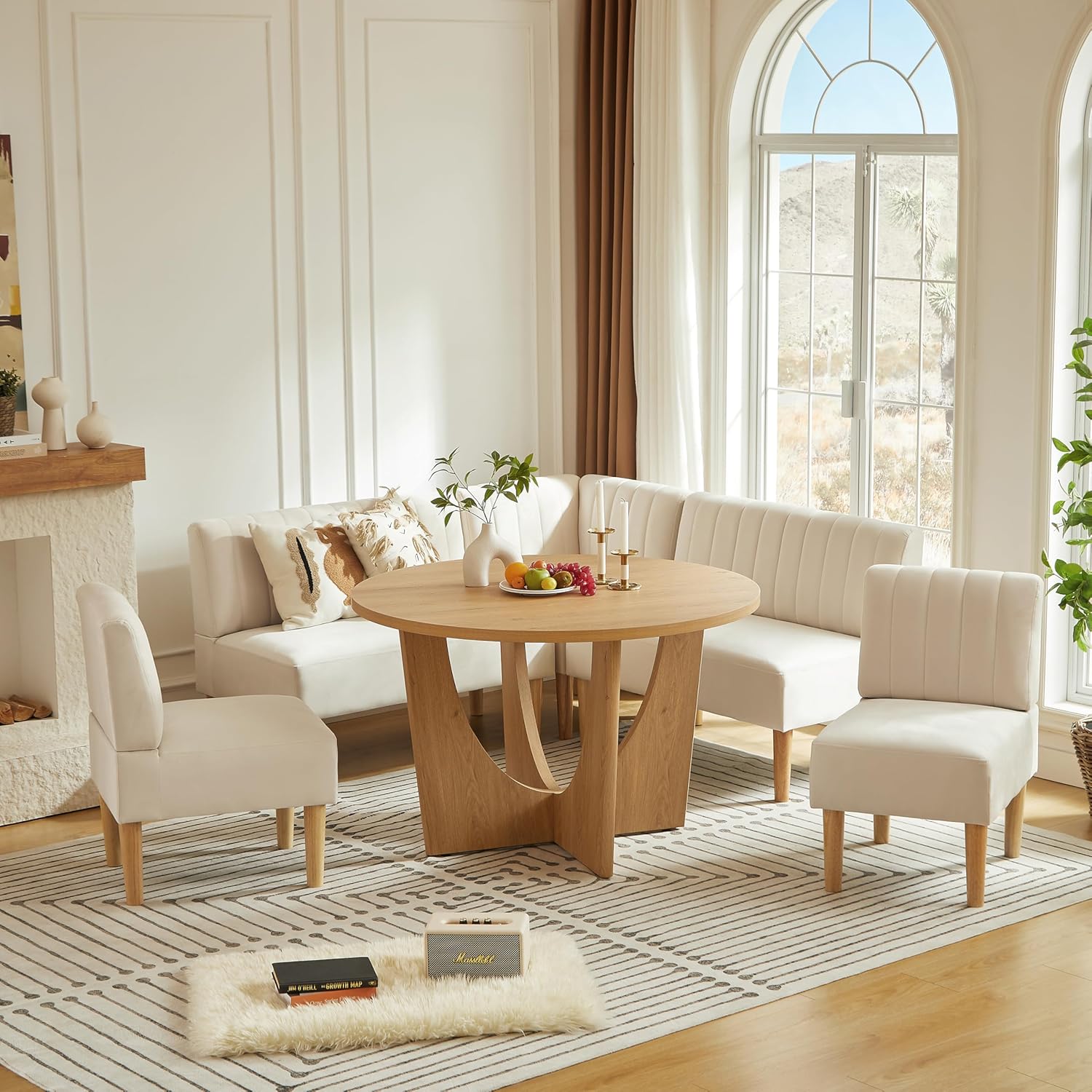 Round Dining Table Set with Loveseat & Chairs, 47 Inch Farmhouse 5-Piece Round Table Setting for 4 to 6, Wood Circle Table and Chairs Set for Kitchen,Breakfast Nook, Indoor Conversational Seating