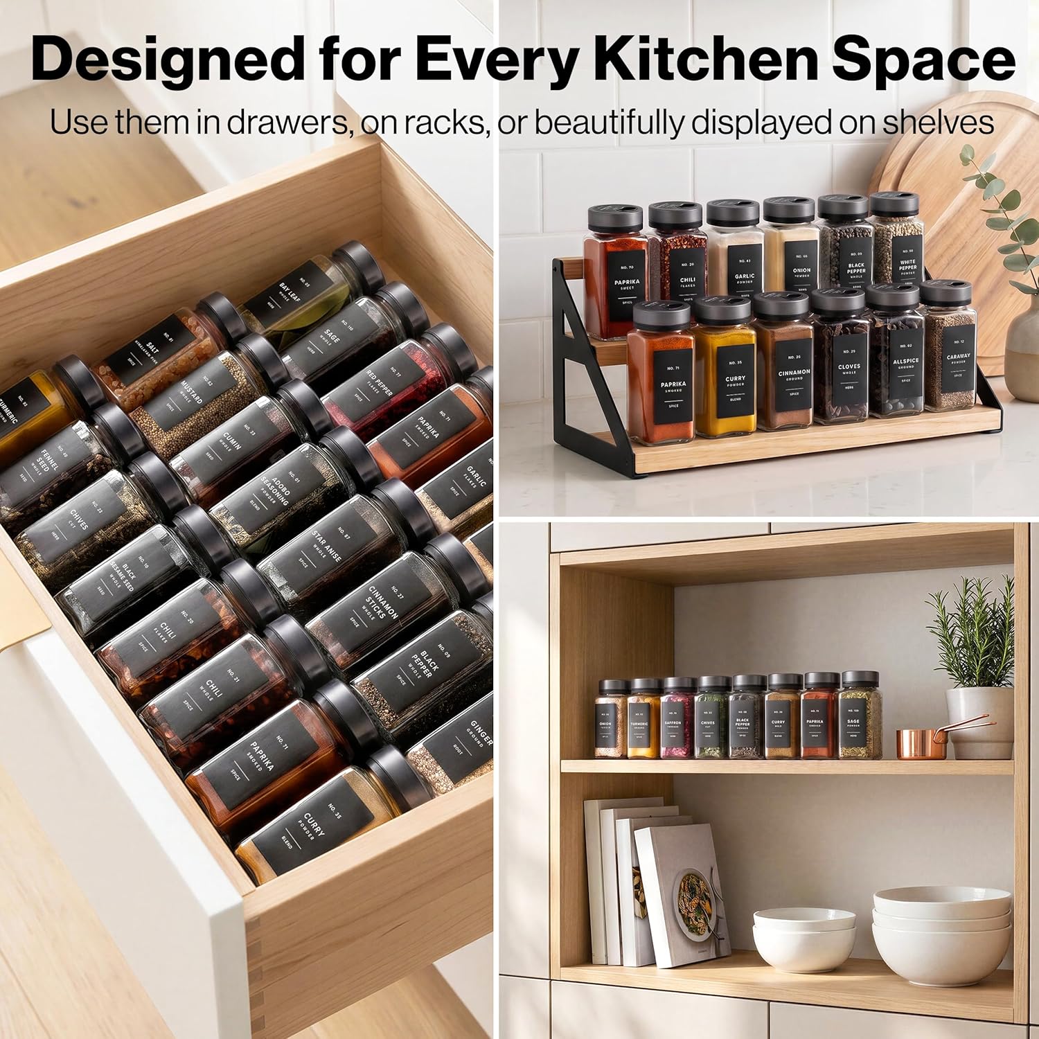 EDELHAUS Glass Spice Jars with Label and Space Gray Rotating Lids (24 x 4oz) Spice Containers with 240 Labels, Shaker Inserts, Steel Funnel, Empty Square Containers