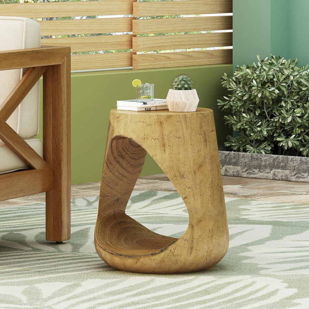 14.5" W Small Hollow Side Table, Wood-Like Texture Accent End Table, Magnesium Oxide (MGO) Finish Round Pedestal Side End Table for Living Room Household Restaurant Homestay - Natrual Oak