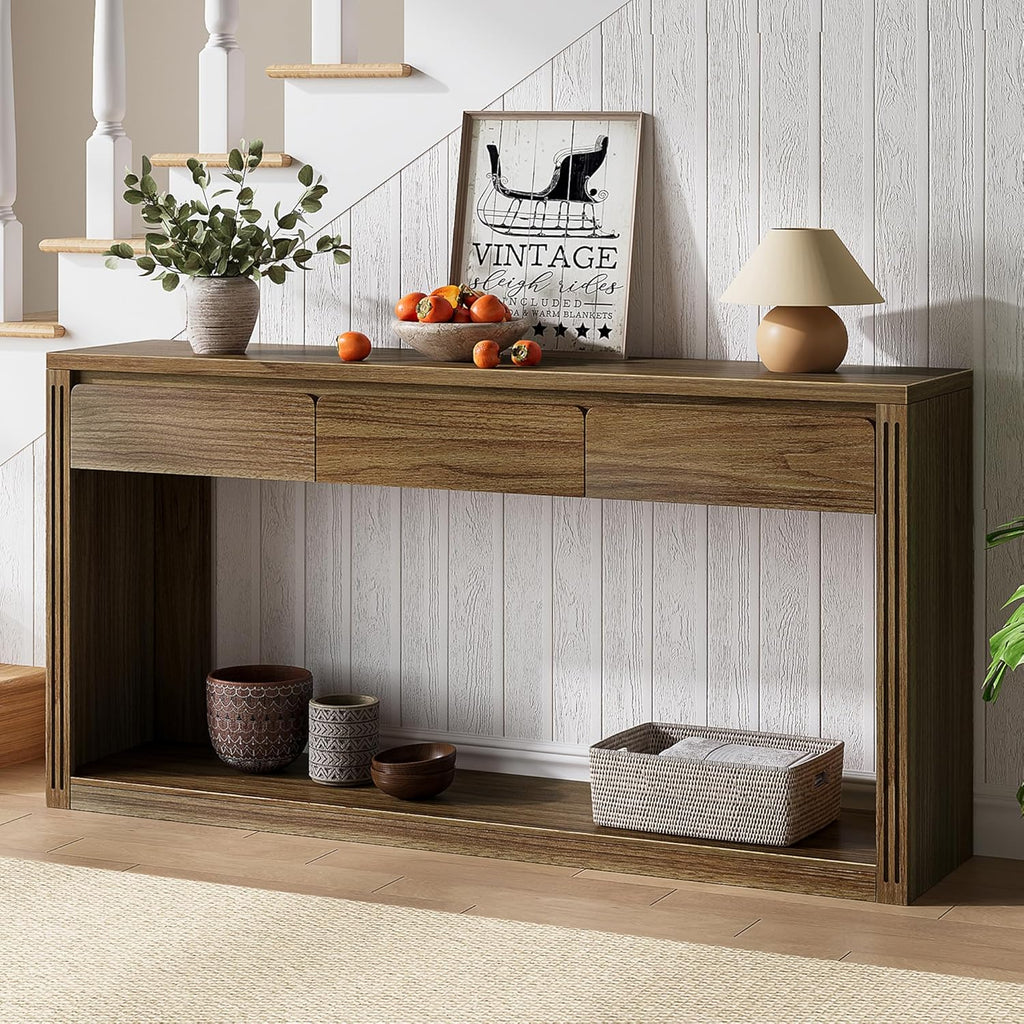 Treocho 63.9" Farmhouse Console Tables for Entryway, Long Sofa Table with Drawers, Narrow Behind Couch Table for Living Room, Hallway, and Entrance, Light Walnut