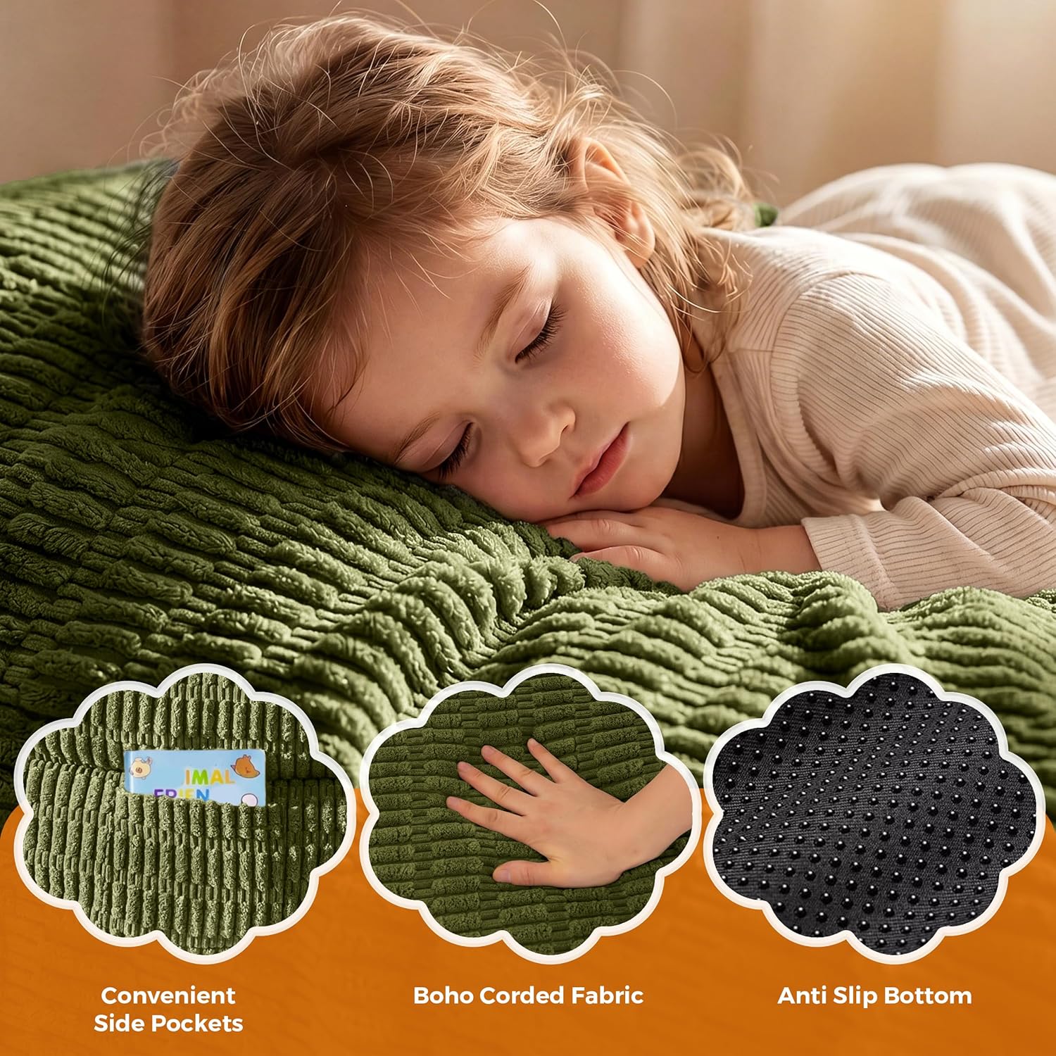 MAXYOYO Bean Bag Chair for Kids, Toddler Bean Bag Sofa with Armrest, Comfy Lazy Chair with Convenient Pockets, Floor Sofa with Filler for Gaming, Reading, Dark Green