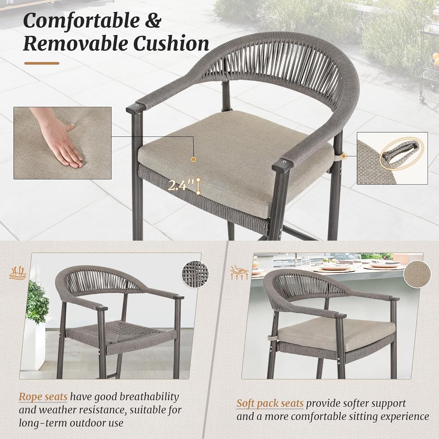 Cozyman Bar Stools Set of 4, 24.8'' Aluminum Outdoor Bar Stool with Removable Cushion, Boho Rattan BarStools, Olefin Rope Woven Bar Chairs with Footrest for Patio, Garden, Pool, Kitchen, Gray