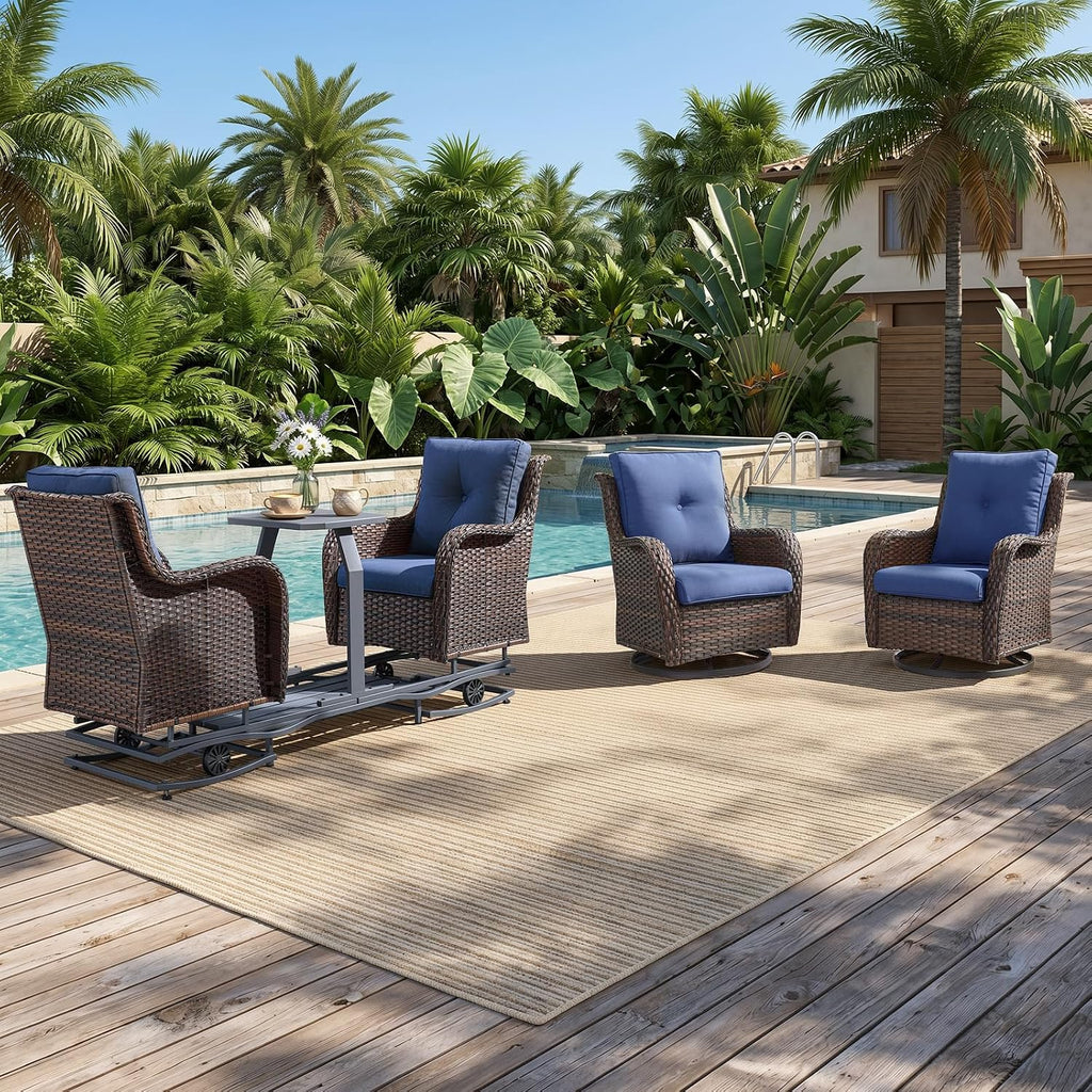 Rilyson Luxury Outdoor Wicker Glider Rocker Chairs for 4 Person, Outdoor Furniture Sets with 2 Piece Wicker Swivel Rocker Chairs, Rattan Glider Rocker Chairs with Table for 2 Seats Brown/Blue
