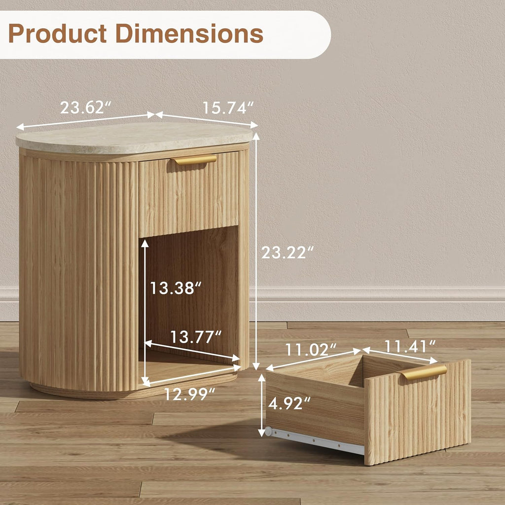 Fluted Marble Nightstand Set of 2 23.6"Large Round Bedside Table Oak,Boho