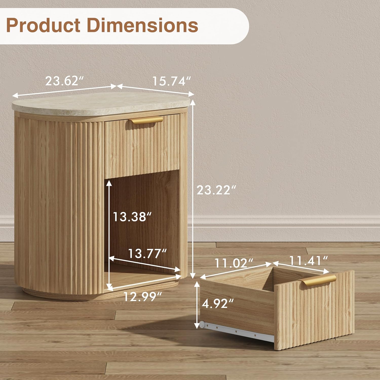 Fluted Marble Nightstand Set of 2 23.6"Large Round Bedside Table Oak,Boho