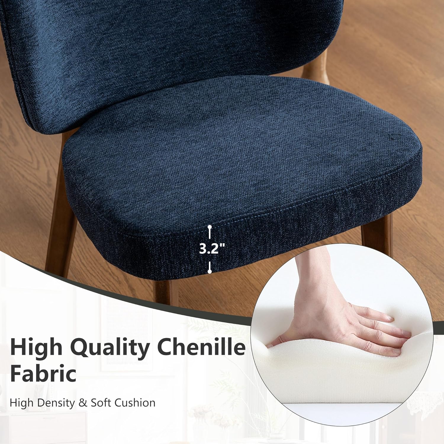 YOUNIKE Dining Chairs Set of 6 Mid Century Modern Kitchen Chair with Back Boucle Fabric Upholstered Armless Chair 20" Wide Padded Seat with Wooden Legs for Kitchen Dining Living Room Bedroom Navy Blue