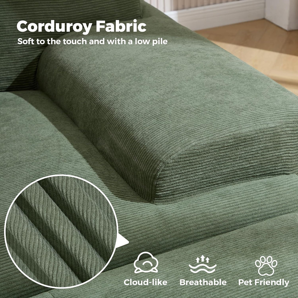 122" U Shaped Boneless Modular Sectional Sofa, Oversized 5-Seater Full Sponge Cloud Couch with Movable Ottoman, Corduroy Upholstery Couches for Living Room, No Assembly, Green