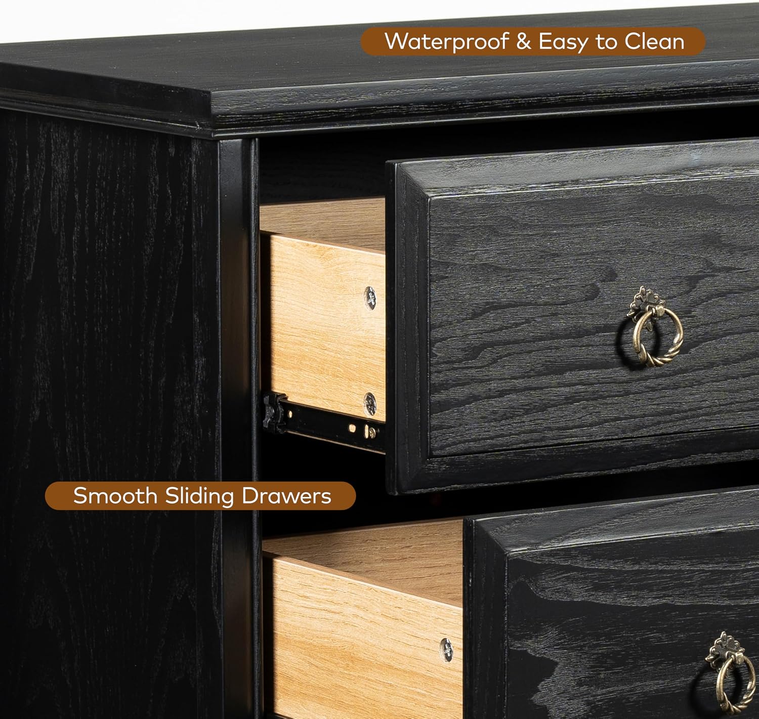 Chogori Farmhouse Solid Wood Nightstand, Rustic End Table with 3 Drawers & Vintage Ring Pulls, Sturdy Accent Side Table for Bedroom, Living Room, Hallway (Black-3 Drawers)