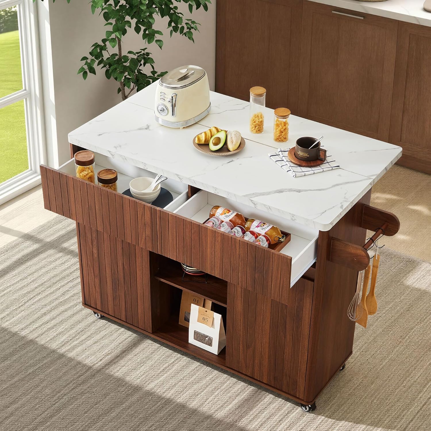 weselon 47" Mobile Kitchen Island with Storage & Drop Leaf, Rolling Kitchen Cart on Wheels with 2 Drawers, Adjustable Shelves, Towel Rack & Hooks, Faux Marble Top Island Table for Kitchen (Walnut)