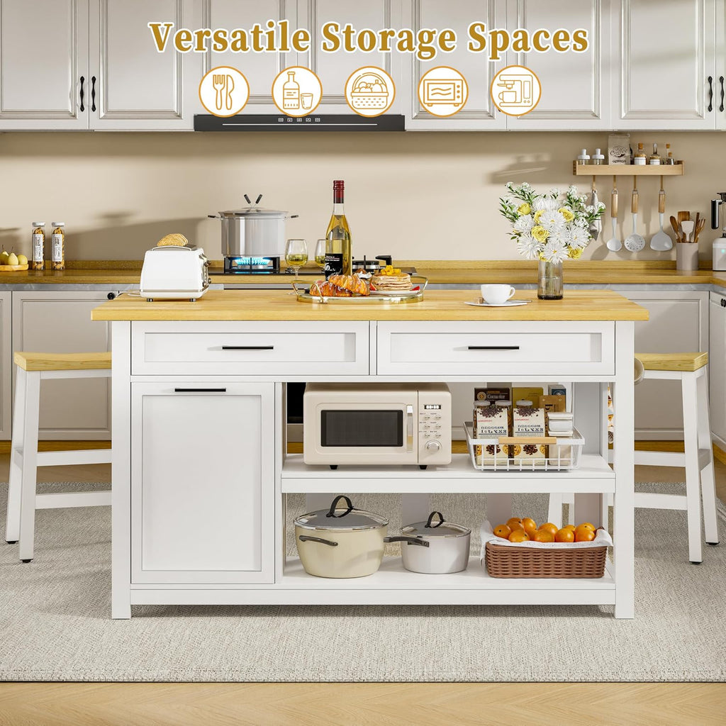 Kitchen Island with Storage and Seating Include 2 Bar Stools, 47" Solid Rubberwood Top Kitchen Island with Trash Can Storage, Power Outlet, 2 Drawers & Open Shelves Cabinet, Dining Table for 2, White