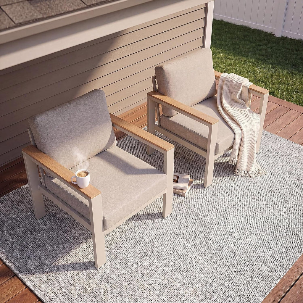 2PC Single Seat Aluminum Patio Chairs, Outdoor Furniture with 1.5mm Thick Powder-Coated Frame, Water Repellent Removable Cushions, Lightweight Single Chairs for Balcony Porch Backyard